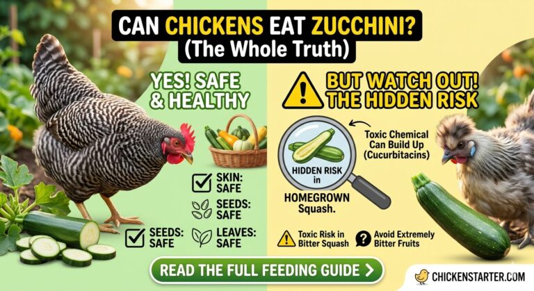 Can Chickens Eat Zucchini? Seeds, Skin, Leaves and the Hidden Risk in Homegrown Squash Yes, chickens can safely eat zucchini, including the flesh, seeds, skin, and flowers. With its 95% water content and just 17 calories per 100 grams, zucchini is one of the best summer treats you can offer your flock. Every summer my garden produces more zucchini than my family could ever eat. Splitting the oversized ones in half and tossing them in the run has become a flock tradition. My Buff Orpingtons will demolish a 12-inch zucchini in under 20 minutes, scooping out the seeds first like it is some kind of chicken delicacy. But there is one hidden danger with homegrown zucchini that most chicken blogs never mention. And if you grow your own or save seeds, this is something you absolutely need to know before feeding it to your birds. Quick Answer: Chickens can safely eat all parts of zucchini: flesh, seeds, skin, and flowers, raw or cooked. Zucchini is 95% water, extremely low in calories (17 per 100g), and rich in vitamins A, C, and K plus potassium. Feed raw, sliced in half lengthwise, two to three times per week. One caution: Homegrown zucchini can occasionally contain toxic cucurbitacins from cross-pollination or plant stress. Always taste-test homegrown zucchini before feeding. If it tastes bitter, throw it away immediately. Store-bought zucchini is virtually always safe. Why Zucchini Is One of the Best Summer Treats for Chickens Most chicken blogs say zucchini is "nutritious" and leave it at that. Here are the actual numbers from USDA FoodData Central. Per 100 grams of raw zucchini with skin: approximately 17 calories, 3.11g carbohydrate, 1.21g protein, 0.32g fat, and 1.0g dietary fiber. It provides about 200 IU of vitamin A, 17.9mg of vitamin C, 261mg of potassium, 24 micrograms of folate, and 0.177mg of manganese. But the standout nutrients for chickens are the antioxidant carotenoids. According to Healthline, zucchini is rich in the antioxidants lutein and zeaxanthin, as well as beta-carotene. As noted by WebMD, the skin of zucchini contains most of these nutrients, particularly vitamins C and B6. Golden and yellow zucchini varieties tend to contain slightly higher levels of these beneficial compounds than light green ones. Why This Matters for Your Flock Hydration champion. At 94 to 95% water, zucchini is essentially an edible water source. During heat waves when chickens reduce their water intake, chilled zucchini halves provide critical fluid. The biggest benefit I have noticed from feeding zucchini is hydration. During a July heat wave when temps hit 98°F, my hens' voluntary water consumption dropped but they went crazy for cold zucchini halves. I noticed fewer signs of heat stress compared to previous summers. Ultra-low calorie. At just 17 calories per 100 grams, zucchini is in the top 2% of lowest-calorie foods. Your chickens can eat relatively generous portions without any weight gain risk, making it one of the most guilt-free treats available. Egg yolk color boost. The lutein and zeaxanthin content in zucchini, and especially in the flowers, contributes to richer, more vibrant yolk pigmentation. The yellow color in zucchini blossoms helps deepen the golden orange of your egg yolks naturally. Vitamin C under heat stress. Chickens normally synthesize their own vitamin C internally. However, under heat stress, their production decreases. The 17.9mg of vitamin C per 100 grams of zucchini provides a helpful supplemental boost during hot summer months. For more treat ideas that support production, see our guide to treats that boost egg laying. Can Chickens Eat Zucchini Raw? Yes, and raw is actually the best way to serve zucchini to chickens. Unlike mushrooms or sweet potatoes where cooking is recommended, zucchini is one of the few vegetables where raw genuinely wins. Why Raw Is Best for Chickens Zucchini is already naturally soft, moist, and easy for chickens to peck apart. There is simply no need to cook it. Raw zucchini maintains the best nutritional profile, retaining full vitamin C and antioxidant content that cooking would deplete. The 95% water content makes it naturally hydrating straight from the garden or fridge. My flock prefers raw zucchini every single time. I slice it lengthwise and set the halves in the run, cut-side up. Within minutes, they have pecked out every seed and most of the flesh, leaving just the shell of the skin like little green canoes. When Cooking Makes Sense Cooked zucchini is still entirely safe. Cooking changes the taste, usually for the better, which can convince picky birds to start eating it. It also softens the skin of overgrown or older zucchini with tough rinds. If you do cook zucchini for your chickens, boil or steam it plain. No oil, no butter, no salt, no seasoning of any kind. What Never to Feed Never feed your flock zucchini that has been prepared with harmful ingredients. No fried zucchini. No zucchini bread (processed, full of sugar and flour). No seasoned or sautéed zucchini from your dinner leftovers. And never give chickens fried zucchini flowers, even though frying the blossoms is popular in Italian and other cuisines. The oil and batter are not appropriate for poultry. How to Prepare and Cut Zucchini for Chickens Here are five serving methods, ranked from easiest to most creative. Method 1: The Split in Half (Recommended) The best and simplest approach: cut the zucchini in half lengthwise and place it cut-side up in the run. The exposed flesh and seeds give your chickens easy access, and they will go straight for the seed cavity first. This works perfectly for medium to large zucchini. Method 2: The Hanging Enrichment Thread a string or zip tie through a whole zucchini and hang it at chest height in the run. This provides both nutrition and enrichment. It combats boredom, reduces pecking-order aggression by giving everyone something to focus on, and keeps the birds active. Best for oversized zucchini with tougher skin. For more enrichment ideas, check our DIY chicken treat dispenser guide. Method 3: Dice and Scatter Cut into half-inch cubes and scatter across the run for foraging enrichment. Best for baby or young zucchini that are soft throughout. You can also mix diced zucchini with other safe treats or their regular feed. Method 4: Grated or Shredded Grate on a box grater and mix directly into feed. Best for baby chicks (eight weeks and older) and bantam breeds like Silkies that benefit from smaller, softer pieces. Method 5: Frozen Zucchini Pops (Summer Heat Hack) Slice zucchini into thick rounds, freeze overnight, and scatter in the run during heat waves. The frozen rounds act as edible cooling toys. They take much longer to eat and provide cold hydration. During last July's heat wave, I froze zucchini rounds and my hens spent 45 minutes pecking at them. That is much better than the five minutes it normally takes them to demolish fresh halves. Can Chickens Eat Zucchini Seeds? Yes, zucchini seeds are completely safe and are typically your chickens' favorite part. There is nothing harmful in zucchini seeds. They provide protein, healthy fats, and minerals, making them a genuinely nutritious component of the treat. My hens will happily spend their time scooping seeds out of the center before touching the flesh. One practical note: keep an eye on very small or young birds to make sure they do not choke on large seeds from overgrown zucchini. For standard-sized birds, this is not a concern. Is Zucchini a Natural Dewormer for Chickens? What the Science Actually Says This claim circulates endlessly across chicken-keeping blogs and Facebook groups. Some sites state confidently that zucchini seeds "deworm your chickens" because they contain cucurbitacin, which they describe as "an amino acid that is toxic to intestinal worms." This statement contains multiple errors. First, cucurbitacin is not an amino acid. It is a triterpene toxin, as described by researchers and documented on Wikipedia's cucurbitacin page. The compound actually believed to have antiparasitic properties is cucurbitin, a completely different substance. It is an unusual amino acid found in cucurbit seeds. Many articles confuse the two. Second, the evidence does not support the claim for chickens specifically. As The Chicken Chick, one of the most respected voices in backyard poultry, states plainly: there is no evidence that pumpkin or pumpkin seeds act as a general dewormer in chickens. Research from Dr. Ruediger Hauck at Auburn University, published in Chicken Whisperer Magazine, directly tested powdered pumpkin seed in laying hen diets and found no significant deworming effect. A 2023 study published on PubMed Central that tested pumpkin seeds at 10 grams per bird per day in Ascaridia galli infected laying hens found that pumpkin improved feed conversion but revealed no evidence of anthelmintic effects on worm counts or fecal egg output. As the Australian poultry resource Dine-A-Chook summarizes after reviewing all available research: chickens would have to eat an enormous amount of whole seeds to consume a concentration of compounds comparable to what is used in laboratory extracts. And most studies that show pumpkin seed killing worms were done in petri dishes, which is an entirely different environment from a chicken's digestive tract. My honest take: Zucchini seeds may offer some mild, unproven benefit. But the scientific evidence is not strong enough to rely on them as a dewormer. Enjoy them as a healthy, safe treat your chickens love. If you suspect worms, get a fecal float test from your vet and use a proven dewormer like fenbendazole. Do not gamble your flock's health on an unproven folk remedy. For proper parasite management, see our guide to treating internal parasites in chickens. Can Chickens Eat Zucchini Skin? Yes, zucchini skin is non-toxic and actually contains the highest concentration of antioxidants, vitamins C and B6, and beneficial compounds in the entire fruit. According to information from Healthline, research indicates that the skin harbors the highest levels of antioxidants in the plant. That said, most chickens are not particularly interested in the skin. In my experience, the skin is a non-issue. My chickens eat right past it. They scoop out the flesh and seeds and leave the skin behind like a hollowed-out boat. I just pick up the empty shells and compost them. Young, store-bought zucchini (six to eight inches long) has thin, soft skin that chickens can easily peck through. Overgrown garden zucchini (12 inches or longer) develops a woody, tough rind that chickens will simply ignore. Think of it as a natural bowl that holds the good stuff inside. One practical caution: if you peel zucchini for your family and want to give the peels to your flock, avoid long, thin strips. Like grass, long thin strips can get tangled and stuck in a chicken's crop. Dice the peels into small pieces instead. Can Chickens Eat Zucchini Leaves and Stems? The Biggest Debate in Chicken Feeding This is where online sources directly contradict each other. Some say all parts of the zucchini plant are edible. Others warn that the green parts of cucurbit plants contain toxic compounds. Both statements contain truth, which is why this topic requires careful, nuanced treatment. The Cucurbitacin Factor Zucchini leaves, stems, and other green parts of the plant contain cucurbitacins, a class of biochemical compounds that function as a natural defense against herbivores. As documented by the Pacific Northwest Pest Management Handbooks, these compounds occur in a subset of species in the cucurbit plant family and are usually found at highest concentrations in the roots and vegetative parts. The concern for chickens specifically is this: chickens have approximately 350 taste buds compared to a human's roughly 10,000. Humans can detect the bitter taste of cucurbitacins and stop eating. Chickens may not detect that bitterness and could continue eating beyond a safe amount. The Balanced Recommendation Zucchini leaves in small amounts from healthy, well-maintained garden plants are unlikely to cause harm. If your chickens free-range near your zucchini patch and nibble the occasional leaf, there is no reason to panic. However, deliberately feeding large quantities of zucchini leaves or stems is not recommended. The nutritional benefit is minimal compared to the fruit itself, and the cucurbitacin risk, however small, is unnecessary when the flesh, seeds, and flowers are available. Stems are tougher and more fibrous than leaves. Avoid feeding stems, as they can contribute to crop impaction without providing meaningful nutrition. If any part of the zucchini plant tastes bitter to you, do not feed any of it to your chickens. Bitterness is the hallmark signal of elevated cucurbitacin. Zucchini Flowers Are Safe and Nutritious Zucchini blossoms are not only safe for chickens but are genuinely nutritious. They are packed with vitamin C and antioxidants, low in calories, and high in fiber. The yellow pigments in the flowers contain xanthophyll carotenoids that help deepen the golden color of your egg yolks. Flowers are the safest non-fruit part of the plant, with lower cucurbitacin content than leaves or stems. If you want to feed something beyond the fruit itself, flowers are the way to go. Bitter Zucchini Can Poison Your Chickens: The Cucurbitacin Risk Every Gardener Must Know This is the section that almost no other chicken-keeping article covers. And it is the section that could save your flock. What Are Cucurbitacins? Cucurbitacins are a diverse family of toxic triterpene compounds produced by plants in the Cucurbitaceae family, which includes zucchini, squash, pumpkins, cucumbers, and gourds. As described by the Pacific Northwest Pest Management Handbooks, modern cultivated varieties of zucchini should generally be free of cucurbitacin in fruit, because humans have bred them to eliminate these extremely bitter compounds over thousands of years of domestication. But under certain conditions, dangerous levels can return. When Homegrown Zucchini Becomes Toxic According to Oregon State University Extension, mild bitterness in zucchini can be caused by environmental stress like high temperatures, drought, wide swings in temperatures, or uneven watering. The stress triggers the plant to produce cucurbitacins as a survival defense. Cross-pollination is the most significant risk factor. Summer squash, pumpkins, ornamental gourds, and some winter squash all belong to the same species, Cucurbita pepo, and can cross-pollinate freely. If your food-grade zucchini is pollinated by an ornamental gourd or wild cucurbit growing nearby, the resulting seeds can produce plants with dangerously high cucurbitacin levels. According to the Pacific Northwest Pest Management Handbooks, the occurrence of cucurbitacins was detected in canned zucchini and other squashes, meaning that cooking does not eliminate the danger. Some forms of cucurbitacin are heat-stable. How Dangerous Is This Really? A case study reported by Food Safety News described an elderly couple who both ate a maximum of two bites of a dish containing zucchini grown from their home garden. The woman recovered. Her husband died from exhaustion and dehydration less than 24 hours after eating the zucchini. Analysis of the leftover casserole confirmed the presence of cucurbitacin-E, cucurbitacin-E-glucoside, and cucurbitacin-I-glucoside. A French poison center study documented over 353 cases of toxic squash poisoning between 2012 and 2016. According to information from MedicineNet, about 56% of cases involved store-bought squash, not just homegrown. As reported by Medical Toxicology, signs of poisoning can appear within 5 to 30 minutes and include severe vomiting and bloody diarrhea. If this is dangerous for adult humans, imagine the impact on a chicken weighing four to eight pounds. How to Protect Your Flock The taste test is your single best defense. Store-bought zucchini from reputable grocery stores is virtually always safe. Commercial varieties are bred to be cucurbitacin-free, and quality control exists throughout the supply chain. Homegrown zucchini requires a simple precaution: cut a thin slice and taste a small piece of the raw flesh before feeding it to your chickens. If it tastes normal, it is safe. If it tastes bitter at all, spit it out and throw the entire zucchini away immediately. Do not feed it to your flock. Do not compost it where chickens can access it. Gardener prevention tips: Obtain seeds from reputable sources. Do not save seeds from plants that may have been cross-pollinated with ornamental gourds. Do not plant ornamental gourds near food-grade zucchini. Water consistently to avoid drought stress. Provide adequate nitrogen but avoid over-application. Two summers ago, I grew zucchini next to some ornamental gourds. One of the zucchini tasted incredibly bitter when I tried a raw slice. That entire plant's harvest went straight to the trash. Had I not tasted it first and tossed it to my chickens, the consequences could have been severe. Can Chickens Eat Yellow Squash and Other Summer Squash? Yes. All summer squash varieties share the same safety profile as zucchini, and the same cucurbitacin caution applies. Yellow crookneck squash is safe and follows the same rules. Patty pan squash is safe and its fun shape makes a great enrichment toy for chickens to peck at. Courgette is simply the British, Australian, and New Zealand term for zucchini; they are the same thing. Marrow is an overgrown zucchini with a tough skin; split it open so chickens can access the flesh. Butternut squash (winter squash) is safe but the flesh is harder, so cook it first. Pumpkin is another great safe treat from the same family. Avoid ornamental gourds. They are not bred for consumption and typically contain high cucurbitacin levels. According to Medical Toxicology, wild cucurbits and ornamental gourds usually contain very high levels of cucurbitacins and are not intended for consumption. Squash skin is safe if it is soft, as on young fruit. On older or winter squash, the skin becomes too tough for chickens to eat. Squash leaves and stems carry the same cucurbitacin caution as zucchini. Occasional nibbling during free-ranging is unlikely to cause harm, but do not feed large quantities. Can Chickens Eat Zucchini and Carrots? Yes, both are perfectly safe and make an excellent combination treat. Zucchini provides hydration plus vitamins A and C. Carrots provide beta-carotene plus fiber. Together they create a colorful, nutrient-diverse snack. Carrots should be grated, finely chopped, or cooked, since raw whole carrots are too hard for chickens. Zucchini can be served raw. My flock's favorite summer treat mix: half a diced raw zucchini, one grated carrot, and a handful of chopped leafy greens, scattered in the run. Total prep time: three minutes. They go absolutely wild for it. Can Baby Chickens Eat Zucchini? Not until at least six to eight weeks old. Young chicks need specialized starter feed with precise protein ratios of 18 to 20% for proper growth. Introducing treats too early disrupts the nutritional balance they need during this critical development phase. Under six weeks: no zucchini. Starter feed only. Six to eight weeks: tiny amounts of grated or mashed zucchini flesh only, no seeds, no skin. Eight weeks and older: small dice of raw zucchini including soft seeds as an occasional treat. Always provide grit when introducing any food beyond starter feed. And use only store-bought zucchini for chicks. Never use homegrown zucchini for young birds unless you have personally taste-tested it. Baby chicks are far more vulnerable to cucurbitacin toxicity than adult hens due to their tiny body weight. For everything you need for new chicks, see our 15 must-haves for bringing chicks home. Can Ducks and Chickens Eat Zucchini Together? Yes, the same rules apply. Ducks love zucchini and benefit especially from the high water content. One practical difference: ducks have flat bills and handle diced pieces better than pecking at halves. If you keep a mixed flock, offer zucchini both halved (for chickens to peck) and diced (for ducks to scoop). The same cucurbitacin caution applies to ducks. Taste-test homegrown zucchini before serving to any poultry. How Much Zucchini Should You Feed Chickens? Two to three times per week is ideal for most flocks. Because zucchini is 95% water and ultra-low calorie, you can be slightly more generous than with other treats. However, your chickens still need to eat their complete layer feed first for proper protein, calcium, and essential amino acids. Zucchini cannot replace regular feed because it does not contain enough proteins or carbohydrates to sustain a laying hen. Practical guideline: One medium zucchini (about 200 grams), split in half, comfortably feeds four to six hens as a treat. For a flock of six, half a medium zucchini per session is plenty. Summer garden surplus: When your garden is overflowing with zucchini, feeding small amounts daily is acceptable given the extremely low calorie content. Just make sure your hens still consume their complete layer feed first. Seasonal note: I tend to reserve summer squash for the summer months when my garden is producing. During cold winter months, my chickens get winter squash and pumpkin instead. For more on building a complete feeding plan, check out our best feeding schedule for backyard chickens. Which Vegetables Are Not Good for Chickens? While zucchini is safe, many common foods are not. Here is a quick reference. Never feed: Raw or green white potatoes (contain toxic solanine). Avocado flesh, pit, or skin (contains persin, which can cause heart failure). Raw or dried beans (contain phytohemagglutinin). Onions in large amounts (contain thiosulphate, which destroys red blood cells). Chocolate, especially dark varieties (contains theobromine). Rhubarb leaves (contain oxalic acid, which impairs calcium absorption and can cause kidney failure). Apple seeds (contain amygdalin, which converts to cyanide). Use caution with: Citrus in large quantities (may interfere with calcium absorption). Tomato leaves, stems, and unripe green tomatoes (solanine; see our guide on chickens and tomatoes). Always avoid: Rotten, damaged, or moldy zucchini. Only give your chickens produce you would eat yourself. Mold is harmful to chickens, affects their digestive system, and can cause fungal infections. Safe and enjoyed: Strawberries, blueberries, watermelon, cucumbers, grapes (halved), apples (no seeds), carrots, cabbage, corn, rice (cooked), lettuce, pumpkin, bread (sparingly), celery, cheese (small amounts), and bananas. For the complete breakdown, see our guide to what chickens can eat from your kitchen and our full guide on what chickens eat. Frequently Asked Questions About Feeding Zucchini to Chickens Can chickens eat zucchini raw? Yes, and raw is the best way to serve it. Raw zucchini maintains the full nutritional profile, is naturally soft and easy to eat, and provides maximum hydration from its 95% water content. Simply slice in half lengthwise and let your flock have at it. Can chickens eat zucchini skin? Yes, zucchini skin is non-toxic and contains vitamins, fiber, and the highest antioxidant concentration in the fruit. However, most chickens prefer the flesh and seeds, eating around the skin. Older, overgrown zucchini has tougher skin that chickens may leave behind entirely. Can chickens eat zucchini seeds? Yes, absolutely. Zucchini seeds are safe, nutritious, and typically the part chickens love most. They contain protein, fats, and minerals. Seeds from store-bought zucchini pose no risk. Seeds from homegrown zucchini are also safe unless the fruit tastes bitter. Is zucchini a natural dewormer for chickens? This is a popular claim but not scientifically proven in chickens. Cucurbit seeds contain cucurbitin, which has shown some antiparasitic effects in laboratory studies on other animals. However, no peer-reviewed study has confirmed that eating zucchini seeds effectively deworms chickens. Do not rely on zucchini for parasite control. Consult a vet for proven dewormers. Can chickens eat zucchini leaves and stems? This is debated. Zucchini leaves contain cucurbitacins, bitter, potentially toxic compounds. While chickens free-ranging near zucchini plants and nibbling occasionally are unlikely to be harmed, deliberately feeding large amounts of leaves or stems is not recommended. The fruit, seeds, and flowers are the safest and most nutritious parts. Can chickens eat zucchini and carrots together? Yes, both are safe and make a nutritious combination. Serve zucchini raw (sliced or diced) and carrots grated or finely chopped. Together they provide hydration, beta-carotene, vitamins A and C, and fiber. Can baby chickens eat zucchini? Not until at least six to eight weeks old. Chicks need starter feed with precise protein ratios for proper growth. After six weeks, introduce tiny amounts of grated zucchini flesh only. Use only store-bought zucchini for chicks, as they are more vulnerable to cucurbitacin toxicity. Can ducks eat zucchini? Yes, the same rules apply. Ducks love zucchini and benefit especially from its high water content. Dice it into smaller pieces for ducks, as their flat bills handle diced food better than pecking at halves. Can chickens eat yellow squash? Yes. Yellow squash (crookneck, straightneck) is in the same family as zucchini and follows identical safety rules. Safe raw or cooked, all parts edible, same cucurbitacin caution for homegrown varieties. How often can I feed chickens zucchini? Two to three times per week as a treat is ideal. Because zucchini is 95% water and extremely low in calories, you can be slightly more generous than with other treats. During summer garden surplus, daily small portions are acceptable as long as chickens still consume their complete layer feed. The Bottom Line Zucchini is one of the safest, most hydrating, and most eagerly devoured treats you can offer your flock. The flesh, seeds, skin, and flowers are all safe. Raw is best. The seeds are a favorite, not a dewormer. But the cucurbitacin risk in homegrown zucchini is real, documented, and potentially fatal. The fix is simple: taste before you toss. One small bite of raw zucchini tells you everything you need to know. Normal taste means safe. Bitter taste means trash. No exceptions. Growing your own garden to feed your flock? Check out our guide on how to encourage natural foraging in chickens for more ways to enrich your flock's diet safely. This article is for educational purposes only and does not replace professional veterinary advice. If you suspect cucurbitacin poisoning or a worm infestation in your flock, consult a licensed avian veterinarian.