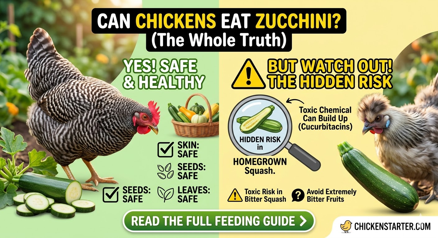 Can Chickens Eat Zucchini? Seeds, Skin, Leaves and the Hidden Risk in Homegrown Squash Yes, chickens can safely eat zucchini, including the flesh, seeds, skin, and flowers. With its 95% water content and just 17 calories per 100 grams, zucchini is one of the best summer treats you can offer your flock. Every summer my garden produces more zucchini than my family could ever eat. Splitting the oversized ones in half and tossing them in the run has become a flock tradition. My Buff Orpingtons will demolish a 12-inch zucchini in under 20 minutes, scooping out the seeds first like it is some kind of chicken delicacy. But there is one hidden danger with homegrown zucchini that most chicken blogs never mention. And if you grow your own or save seeds, this is something you absolutely need to know before feeding it to your birds. Quick Answer: Chickens can safely eat all parts of zucchini: flesh, seeds, skin, and flowers, raw or cooked. Zucchini is 95% water, extremely low in calories (17 per 100g), and rich in vitamins A, C, and K plus potassium. Feed raw, sliced in half lengthwise, two to three times per week. One caution: Homegrown zucchini can occasionally contain toxic cucurbitacins from cross-pollination or plant stress. Always taste-test homegrown zucchini before feeding. If it tastes bitter, throw it away immediately. Store-bought zucchini is virtually always safe. Why Zucchini Is One of the Best Summer Treats for Chickens Most chicken blogs say zucchini is "nutritious" and leave it at that. Here are the actual numbers from USDA FoodData Central. Per 100 grams of raw zucchini with skin: approximately 17 calories, 3.11g carbohydrate, 1.21g protein, 0.32g fat, and 1.0g dietary fiber. It provides about 200 IU of vitamin A, 17.9mg of vitamin C, 261mg of potassium, 24 micrograms of folate, and 0.177mg of manganese. But the standout nutrients for chickens are the antioxidant carotenoids. According to Healthline, zucchini is rich in the antioxidants lutein and zeaxanthin, as well as beta-carotene. As noted by WebMD, the skin of zucchini contains most of these nutrients, particularly vitamins C and B6. Golden and yellow zucchini varieties tend to contain slightly higher levels of these beneficial compounds than light green ones. Why This Matters for Your Flock Hydration champion. At 94 to 95% water, zucchini is essentially an edible water source. During heat waves when chickens reduce their water intake, chilled zucchini halves provide critical fluid. The biggest benefit I have noticed from feeding zucchini is hydration. During a July heat wave when temps hit 98°F, my hens' voluntary water consumption dropped but they went crazy for cold zucchini halves. I noticed fewer signs of heat stress compared to previous summers. Ultra-low calorie. At just 17 calories per 100 grams, zucchini is in the top 2% of lowest-calorie foods. Your chickens can eat relatively generous portions without any weight gain risk, making it one of the most guilt-free treats available. Egg yolk color boost. The lutein and zeaxanthin content in zucchini, and especially in the flowers, contributes to richer, more vibrant yolk pigmentation. The yellow color in zucchini blossoms helps deepen the golden orange of your egg yolks naturally. Vitamin C under heat stress. Chickens normally synthesize their own vitamin C internally. However, under heat stress, their production decreases. The 17.9mg of vitamin C per 100 grams of zucchini provides a helpful supplemental boost during hot summer months. For more treat ideas that support production, see our guide to treats that boost egg laying. Can Chickens Eat Zucchini Raw? Yes, and raw is actually the best way to serve zucchini to chickens. Unlike mushrooms or sweet potatoes where cooking is recommended, zucchini is one of the few vegetables where raw genuinely wins. Why Raw Is Best for Chickens Zucchini is already naturally soft, moist, and easy for chickens to peck apart. There is simply no need to cook it. Raw zucchini maintains the best nutritional profile, retaining full vitamin C and antioxidant content that cooking would deplete. The 95% water content makes it naturally hydrating straight from the garden or fridge. My flock prefers raw zucchini every single time. I slice it lengthwise and set the halves in the run, cut-side up. Within minutes, they have pecked out every seed and most of the flesh, leaving just the shell of the skin like little green canoes. When Cooking Makes Sense Cooked zucchini is still entirely safe. Cooking changes the taste, usually for the better, which can convince picky birds to start eating it. It also softens the skin of overgrown or older zucchini with tough rinds. If you do cook zucchini for your chickens, boil or steam it plain. No oil, no butter, no salt, no seasoning of any kind. What Never to Feed Never feed your flock zucchini that has been prepared with harmful ingredients. No fried zucchini. No zucchini bread (processed, full of sugar and flour). No seasoned or sautéed zucchini from your dinner leftovers. And never give chickens fried zucchini flowers, even though frying the blossoms is popular in Italian and other cuisines. The oil and batter are not appropriate for poultry. How to Prepare and Cut Zucchini for Chickens Here are five serving methods, ranked from easiest to most creative. Method 1: The Split in Half (Recommended) The best and simplest approach: cut the zucchini in half lengthwise and place it cut-side up in the run. The exposed flesh and seeds give your chickens easy access, and they will go straight for the seed cavity first. This works perfectly for medium to large zucchini. Method 2: The Hanging Enrichment Thread a string or zip tie through a whole zucchini and hang it at chest height in the run. This provides both nutrition and enrichment. It combats boredom, reduces pecking-order aggression by giving everyone something to focus on, and keeps the birds active. Best for oversized zucchini with tougher skin. For more enrichment ideas, check our DIY chicken treat dispenser guide. Method 3: Dice and Scatter Cut into half-inch cubes and scatter across the run for foraging enrichment. Best for baby or young zucchini that are soft throughout. You can also mix diced zucchini with other safe treats or their regular feed. Method 4: Grated or Shredded Grate on a box grater and mix directly into feed. Best for baby chicks (eight weeks and older) and bantam breeds like Silkies that benefit from smaller, softer pieces. Method 5: Frozen Zucchini Pops (Summer Heat Hack) Slice zucchini into thick rounds, freeze overnight, and scatter in the run during heat waves. The frozen rounds act as edible cooling toys. They take much longer to eat and provide cold hydration. During last July's heat wave, I froze zucchini rounds and my hens spent 45 minutes pecking at them. That is much better than the five minutes it normally takes them to demolish fresh halves. Can Chickens Eat Zucchini Seeds? Yes, zucchini seeds are completely safe and are typically your chickens' favorite part. There is nothing harmful in zucchini seeds. They provide protein, healthy fats, and minerals, making them a genuinely nutritious component of the treat. My hens will happily spend their time scooping seeds out of the center before touching the flesh. One practical note: keep an eye on very small or young birds to make sure they do not choke on large seeds from overgrown zucchini. For standard-sized birds, this is not a concern. Is Zucchini a Natural Dewormer for Chickens? What the Science Actually Says This claim circulates endlessly across chicken-keeping blogs and Facebook groups. Some sites state confidently that zucchini seeds "deworm your chickens" because they contain cucurbitacin, which they describe as "an amino acid that is toxic to intestinal worms." This statement contains multiple errors. First, cucurbitacin is not an amino acid. It is a triterpene toxin, as described by researchers and documented on Wikipedia's cucurbitacin page. The compound actually believed to have antiparasitic properties is cucurbitin, a completely different substance. It is an unusual amino acid found in cucurbit seeds. Many articles confuse the two. Second, the evidence does not support the claim for chickens specifically. As The Chicken Chick, one of the most respected voices in backyard poultry, states plainly: there is no evidence that pumpkin or pumpkin seeds act as a general dewormer in chickens. Research from Dr. Ruediger Hauck at Auburn University, published in Chicken Whisperer Magazine, directly tested powdered pumpkin seed in laying hen diets and found no significant deworming effect. A 2023 study published on PubMed Central that tested pumpkin seeds at 10 grams per bird per day in Ascaridia galli infected laying hens found that pumpkin improved feed conversion but revealed no evidence of anthelmintic effects on worm counts or fecal egg output. As the Australian poultry resource Dine-A-Chook summarizes after reviewing all available research: chickens would have to eat an enormous amount of whole seeds to consume a concentration of compounds comparable to what is used in laboratory extracts. And most studies that show pumpkin seed killing worms were done in petri dishes, which is an entirely different environment from a chicken's digestive tract. My honest take: Zucchini seeds may offer some mild, unproven benefit. But the scientific evidence is not strong enough to rely on them as a dewormer. Enjoy them as a healthy, safe treat your chickens love. If you suspect worms, get a fecal float test from your vet and use a proven dewormer like fenbendazole. Do not gamble your flock's health on an unproven folk remedy. For proper parasite management, see our guide to treating internal parasites in chickens. Can Chickens Eat Zucchini Skin? Yes, zucchini skin is non-toxic and actually contains the highest concentration of antioxidants, vitamins C and B6, and beneficial compounds in the entire fruit. According to information from Healthline, research indicates that the skin harbors the highest levels of antioxidants in the plant. That said, most chickens are not particularly interested in the skin. In my experience, the skin is a non-issue. My chickens eat right past it. They scoop out the flesh and seeds and leave the skin behind like a hollowed-out boat. I just pick up the empty shells and compost them. Young, store-bought zucchini (six to eight inches long) has thin, soft skin that chickens can easily peck through. Overgrown garden zucchini (12 inches or longer) develops a woody, tough rind that chickens will simply ignore. Think of it as a natural bowl that holds the good stuff inside. One practical caution: if you peel zucchini for your family and want to give the peels to your flock, avoid long, thin strips. Like grass, long thin strips can get tangled and stuck in a chicken's crop. Dice the peels into small pieces instead. Can Chickens Eat Zucchini Leaves and Stems? The Biggest Debate in Chicken Feeding This is where online sources directly contradict each other. Some say all parts of the zucchini plant are edible. Others warn that the green parts of cucurbit plants contain toxic compounds. Both statements contain truth, which is why this topic requires careful, nuanced treatment. The Cucurbitacin Factor Zucchini leaves, stems, and other green parts of the plant contain cucurbitacins, a class of biochemical compounds that function as a natural defense against herbivores. As documented by the Pacific Northwest Pest Management Handbooks, these compounds occur in a subset of species in the cucurbit plant family and are usually found at highest concentrations in the roots and vegetative parts. The concern for chickens specifically is this: chickens have approximately 350 taste buds compared to a human's roughly 10,000. Humans can detect the bitter taste of cucurbitacins and stop eating. Chickens may not detect that bitterness and could continue eating beyond a safe amount. The Balanced Recommendation Zucchini leaves in small amounts from healthy, well-maintained garden plants are unlikely to cause harm. If your chickens free-range near your zucchini patch and nibble the occasional leaf, there is no reason to panic. However, deliberately feeding large quantities of zucchini leaves or stems is not recommended. The nutritional benefit is minimal compared to the fruit itself, and the cucurbitacin risk, however small, is unnecessary when the flesh, seeds, and flowers are available. Stems are tougher and more fibrous than leaves. Avoid feeding stems, as they can contribute to crop impaction without providing meaningful nutrition. If any part of the zucchini plant tastes bitter to you, do not feed any of it to your chickens. Bitterness is the hallmark signal of elevated cucurbitacin. Zucchini Flowers Are Safe and Nutritious Zucchini blossoms are not only safe for chickens but are genuinely nutritious. They are packed with vitamin C and antioxidants, low in calories, and high in fiber. The yellow pigments in the flowers contain xanthophyll carotenoids that help deepen the golden color of your egg yolks. Flowers are the safest non-fruit part of the plant, with lower cucurbitacin content than leaves or stems. If you want to feed something beyond the fruit itself, flowers are the way to go. Bitter Zucchini Can Poison Your Chickens: The Cucurbitacin Risk Every Gardener Must Know This is the section that almost no other chicken-keeping article covers. And it is the section that could save your flock. What Are Cucurbitacins? Cucurbitacins are a diverse family of toxic triterpene compounds produced by plants in the Cucurbitaceae family, which includes zucchini, squash, pumpkins, cucumbers, and gourds. As described by the Pacific Northwest Pest Management Handbooks, modern cultivated varieties of zucchini should generally be free of cucurbitacin in fruit, because humans have bred them to eliminate these extremely bitter compounds over thousands of years of domestication. But under certain conditions, dangerous levels can return. When Homegrown Zucchini Becomes Toxic According to Oregon State University Extension, mild bitterness in zucchini can be caused by environmental stress like high temperatures, drought, wide swings in temperatures, or uneven watering. The stress triggers the plant to produce cucurbitacins as a survival defense. Cross-pollination is the most significant risk factor. Summer squash, pumpkins, ornamental gourds, and some winter squash all belong to the same species, Cucurbita pepo, and can cross-pollinate freely. If your food-grade zucchini is pollinated by an ornamental gourd or wild cucurbit growing nearby, the resulting seeds can produce plants with dangerously high cucurbitacin levels. According to the Pacific Northwest Pest Management Handbooks, the occurrence of cucurbitacins was detected in canned zucchini and other squashes, meaning that cooking does not eliminate the danger. Some forms of cucurbitacin are heat-stable. How Dangerous Is This Really? A case study reported by Food Safety News described an elderly couple who both ate a maximum of two bites of a dish containing zucchini grown from their home garden. The woman recovered. Her husband died from exhaustion and dehydration less than 24 hours after eating the zucchini. Analysis of the leftover casserole confirmed the presence of cucurbitacin-E, cucurbitacin-E-glucoside, and cucurbitacin-I-glucoside. A French poison center study documented over 353 cases of toxic squash poisoning between 2012 and 2016. According to information from MedicineNet, about 56% of cases involved store-bought squash, not just homegrown. As reported by Medical Toxicology, signs of poisoning can appear within 5 to 30 minutes and include severe vomiting and bloody diarrhea. If this is dangerous for adult humans, imagine the impact on a chicken weighing four to eight pounds. How to Protect Your Flock The taste test is your single best defense. Store-bought zucchini from reputable grocery stores is virtually always safe. Commercial varieties are bred to be cucurbitacin-free, and quality control exists throughout the supply chain. Homegrown zucchini requires a simple precaution: cut a thin slice and taste a small piece of the raw flesh before feeding it to your chickens. If it tastes normal, it is safe. If it tastes bitter at all, spit it out and throw the entire zucchini away immediately. Do not feed it to your flock. Do not compost it where chickens can access it. Gardener prevention tips: Obtain seeds from reputable sources. Do not save seeds from plants that may have been cross-pollinated with ornamental gourds. Do not plant ornamental gourds near food-grade zucchini. Water consistently to avoid drought stress. Provide adequate nitrogen but avoid over-application. Two summers ago, I grew zucchini next to some ornamental gourds. One of the zucchini tasted incredibly bitter when I tried a raw slice. That entire plant's harvest went straight to the trash. Had I not tasted it first and tossed it to my chickens, the consequences could have been severe. Can Chickens Eat Yellow Squash and Other Summer Squash? Yes. All summer squash varieties share the same safety profile as zucchini, and the same cucurbitacin caution applies. Yellow crookneck squash is safe and follows the same rules. Patty pan squash is safe and its fun shape makes a great enrichment toy for chickens to peck at. Courgette is simply the British, Australian, and New Zealand term for zucchini; they are the same thing. Marrow is an overgrown zucchini with a tough skin; split it open so chickens can access the flesh. Butternut squash (winter squash) is safe but the flesh is harder, so cook it first. Pumpkin is another great safe treat from the same family. Avoid ornamental gourds. They are not bred for consumption and typically contain high cucurbitacin levels. According to Medical Toxicology, wild cucurbits and ornamental gourds usually contain very high levels of cucurbitacins and are not intended for consumption. Squash skin is safe if it is soft, as on young fruit. On older or winter squash, the skin becomes too tough for chickens to eat. Squash leaves and stems carry the same cucurbitacin caution as zucchini. Occasional nibbling during free-ranging is unlikely to cause harm, but do not feed large quantities. Can Chickens Eat Zucchini and Carrots? Yes, both are perfectly safe and make an excellent combination treat. Zucchini provides hydration plus vitamins A and C. Carrots provide beta-carotene plus fiber. Together they create a colorful, nutrient-diverse snack. Carrots should be grated, finely chopped, or cooked, since raw whole carrots are too hard for chickens. Zucchini can be served raw. My flock's favorite summer treat mix: half a diced raw zucchini, one grated carrot, and a handful of chopped leafy greens, scattered in the run. Total prep time: three minutes. They go absolutely wild for it. Can Baby Chickens Eat Zucchini? Not until at least six to eight weeks old. Young chicks need specialized starter feed with precise protein ratios of 18 to 20% for proper growth. Introducing treats too early disrupts the nutritional balance they need during this critical development phase. Under six weeks: no zucchini. Starter feed only. Six to eight weeks: tiny amounts of grated or mashed zucchini flesh only, no seeds, no skin. Eight weeks and older: small dice of raw zucchini including soft seeds as an occasional treat. Always provide grit when introducing any food beyond starter feed. And use only store-bought zucchini for chicks. Never use homegrown zucchini for young birds unless you have personally taste-tested it. Baby chicks are far more vulnerable to cucurbitacin toxicity than adult hens due to their tiny body weight. For everything you need for new chicks, see our 15 must-haves for bringing chicks home. Can Ducks and Chickens Eat Zucchini Together? Yes, the same rules apply. Ducks love zucchini and benefit especially from the high water content. One practical difference: ducks have flat bills and handle diced pieces better than pecking at halves. If you keep a mixed flock, offer zucchini both halved (for chickens to peck) and diced (for ducks to scoop). The same cucurbitacin caution applies to ducks. Taste-test homegrown zucchini before serving to any poultry. How Much Zucchini Should You Feed Chickens? Two to three times per week is ideal for most flocks. Because zucchini is 95% water and ultra-low calorie, you can be slightly more generous than with other treats. However, your chickens still need to eat their complete layer feed first for proper protein, calcium, and essential amino acids. Zucchini cannot replace regular feed because it does not contain enough proteins or carbohydrates to sustain a laying hen. Practical guideline: One medium zucchini (about 200 grams), split in half, comfortably feeds four to six hens as a treat. For a flock of six, half a medium zucchini per session is plenty. Summer garden surplus: When your garden is overflowing with zucchini, feeding small amounts daily is acceptable given the extremely low calorie content. Just make sure your hens still consume their complete layer feed first. Seasonal note: I tend to reserve summer squash for the summer months when my garden is producing. During cold winter months, my chickens get winter squash and pumpkin instead. For more on building a complete feeding plan, check out our best feeding schedule for backyard chickens. Which Vegetables Are Not Good for Chickens? While zucchini is safe, many common foods are not. Here is a quick reference. Never feed: Raw or green white potatoes (contain toxic solanine). Avocado flesh, pit, or skin (contains persin, which can cause heart failure). Raw or dried beans (contain phytohemagglutinin). Onions in large amounts (contain thiosulphate, which destroys red blood cells). Chocolate, especially dark varieties (contains theobromine). Rhubarb leaves (contain oxalic acid, which impairs calcium absorption and can cause kidney failure). Apple seeds (contain amygdalin, which converts to cyanide). Use caution with: Citrus in large quantities (may interfere with calcium absorption). Tomato leaves, stems, and unripe green tomatoes (solanine; see our guide on chickens and tomatoes). Always avoid: Rotten, damaged, or moldy zucchini. Only give your chickens produce you would eat yourself. Mold is harmful to chickens, affects their digestive system, and can cause fungal infections. Safe and enjoyed: Strawberries, blueberries, watermelon, cucumbers, grapes (halved), apples (no seeds), carrots, cabbage, corn, rice (cooked), lettuce, pumpkin, bread (sparingly), celery, cheese (small amounts), and bananas. For the complete breakdown, see our guide to what chickens can eat from your kitchen and our full guide on what chickens eat. Frequently Asked Questions About Feeding Zucchini to Chickens Can chickens eat zucchini raw? Yes, and raw is the best way to serve it. Raw zucchini maintains the full nutritional profile, is naturally soft and easy to eat, and provides maximum hydration from its 95% water content. Simply slice in half lengthwise and let your flock have at it. Can chickens eat zucchini skin? Yes, zucchini skin is non-toxic and contains vitamins, fiber, and the highest antioxidant concentration in the fruit. However, most chickens prefer the flesh and seeds, eating around the skin. Older, overgrown zucchini has tougher skin that chickens may leave behind entirely. Can chickens eat zucchini seeds? Yes, absolutely. Zucchini seeds are safe, nutritious, and typically the part chickens love most. They contain protein, fats, and minerals. Seeds from store-bought zucchini pose no risk. Seeds from homegrown zucchini are also safe unless the fruit tastes bitter. Is zucchini a natural dewormer for chickens? This is a popular claim but not scientifically proven in chickens. Cucurbit seeds contain cucurbitin, which has shown some antiparasitic effects in laboratory studies on other animals. However, no peer-reviewed study has confirmed that eating zucchini seeds effectively deworms chickens. Do not rely on zucchini for parasite control. Consult a vet for proven dewormers. Can chickens eat zucchini leaves and stems? This is debated. Zucchini leaves contain cucurbitacins, bitter, potentially toxic compounds. While chickens free-ranging near zucchini plants and nibbling occasionally are unlikely to be harmed, deliberately feeding large amounts of leaves or stems is not recommended. The fruit, seeds, and flowers are the safest and most nutritious parts. Can chickens eat zucchini and carrots together? Yes, both are safe and make a nutritious combination. Serve zucchini raw (sliced or diced) and carrots grated or finely chopped. Together they provide hydration, beta-carotene, vitamins A and C, and fiber. Can baby chickens eat zucchini? Not until at least six to eight weeks old. Chicks need starter feed with precise protein ratios for proper growth. After six weeks, introduce tiny amounts of grated zucchini flesh only. Use only store-bought zucchini for chicks, as they are more vulnerable to cucurbitacin toxicity. Can ducks eat zucchini? Yes, the same rules apply. Ducks love zucchini and benefit especially from its high water content. Dice it into smaller pieces for ducks, as their flat bills handle diced food better than pecking at halves. Can chickens eat yellow squash? Yes. Yellow squash (crookneck, straightneck) is in the same family as zucchini and follows identical safety rules. Safe raw or cooked, all parts edible, same cucurbitacin caution for homegrown varieties. How often can I feed chickens zucchini? Two to three times per week as a treat is ideal. Because zucchini is 95% water and extremely low in calories, you can be slightly more generous than with other treats. During summer garden surplus, daily small portions are acceptable as long as chickens still consume their complete layer feed. The Bottom Line Zucchini is one of the safest, most hydrating, and most eagerly devoured treats you can offer your flock. The flesh, seeds, skin, and flowers are all safe. Raw is best. The seeds are a favorite, not a dewormer. But the cucurbitacin risk in homegrown zucchini is real, documented, and potentially fatal. The fix is simple: taste before you toss. One small bite of raw zucchini tells you everything you need to know. Normal taste means safe. Bitter taste means trash. No exceptions. Growing your own garden to feed your flock? Check out our guide on how to encourage natural foraging in chickens for more ways to enrich your flock's diet safely. This article is for educational purposes only and does not replace professional veterinary advice. If you suspect cucurbitacin poisoning or a worm infestation in your flock, consult a licensed avian veterinarian.